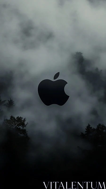 Minimalist black apple emblem in cinematic forest mist.