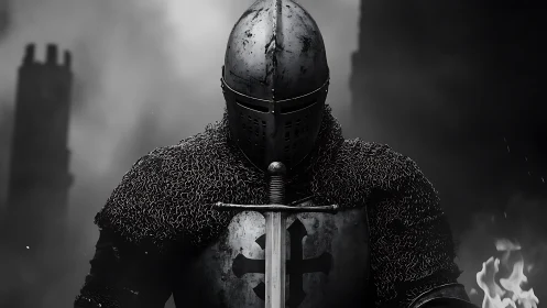 Medieval armored knight with sword in monochrome setting.