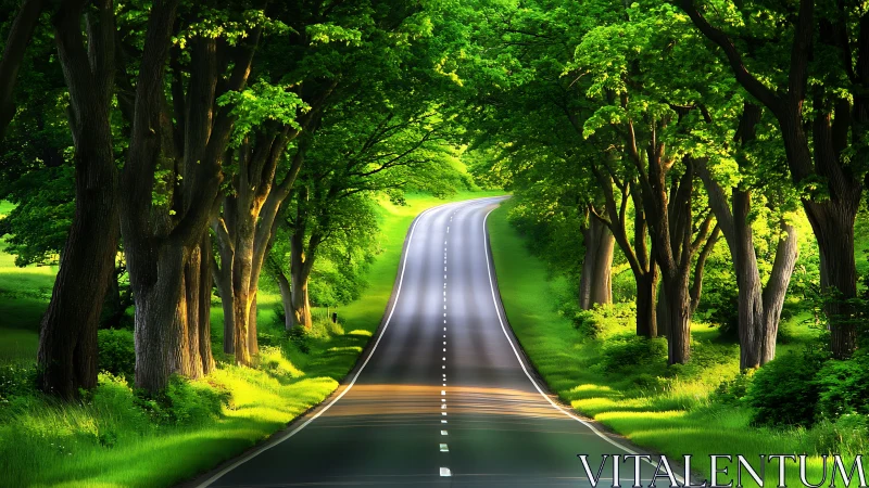 Sunlit forest roadway curving through lush green corridor.