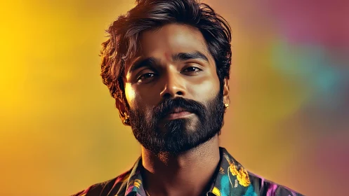 Sunlit gaze of a floral-shirted dreamer in soft neon haze.