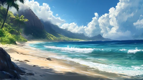 Coastal landscape with volcanic mountain, sandy beach, turquoise waters