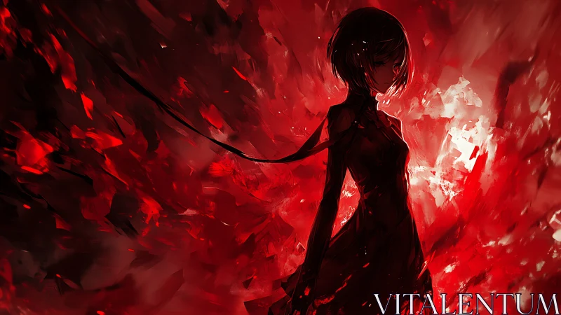 Crimson shadow girl carves silence through a burning storm