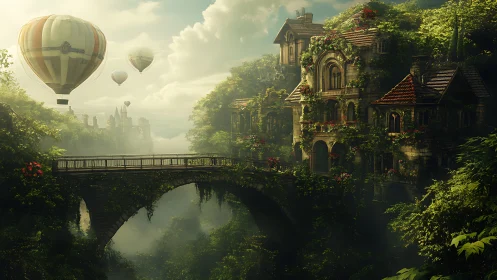 Stone bridge and vine-covered villas with hot air balloons.