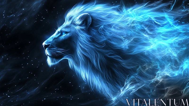 Glowing blue lion head rendered as flowing cosmic energy