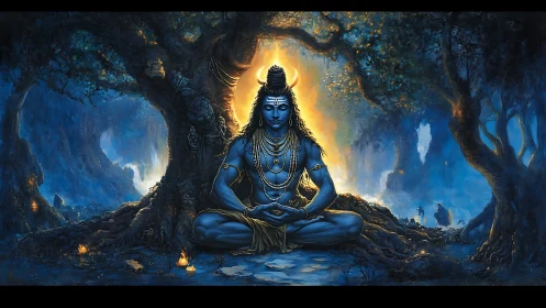 Meditative Shiva under luminous banyan canopy in twilight forest