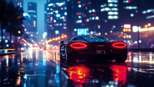 Futuristic sports car is positioned on a wet urban street