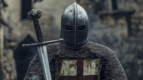 Silent steel knight holding a weathered crusader sword.