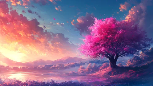 Pink blossom tree stands beside lake under vivid sunset sky