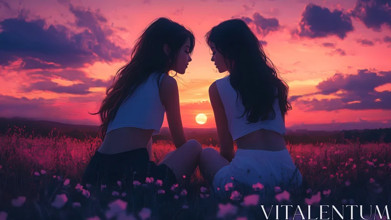 Two young women share a quiet moment at glowing sunset