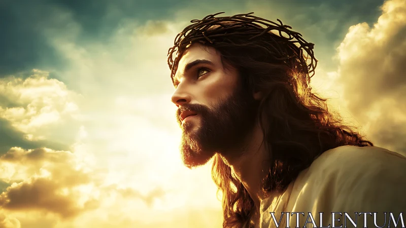 Profile depiction of robed figure with thorn crown at sunset.