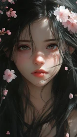 Soft spring gaze framed by drifting cherry blossoms.