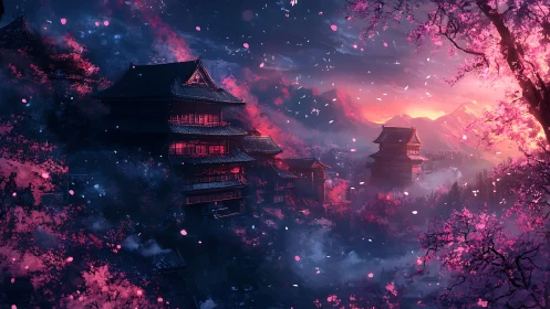 Samurai mountain temple under neon dusk cherry blossom storm.