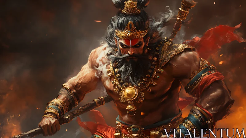 Warrior demigod storms battlefield in fiery golden armor.