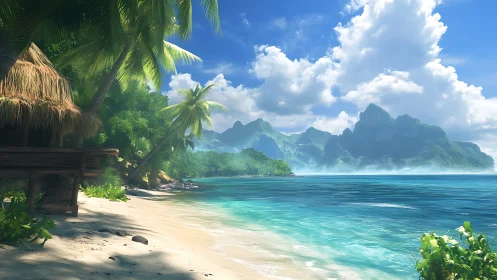 Tropical Archipelago Seascape with Thatched Shelter and Dramatic Volcanic Peaks.