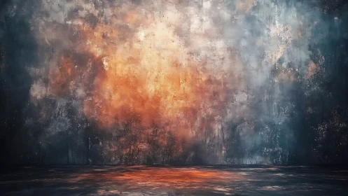 Textured concrete wall glows with warm central light plume