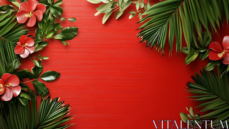 Tropical hibiscus arrangement with palm fronds on textured red background