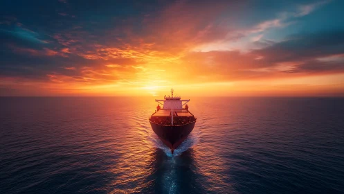 Sunbound cargo giant carving a molten path at sea.