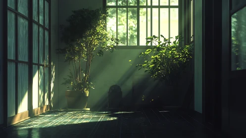 Sunlit interior corridor with potted plants and window grid.