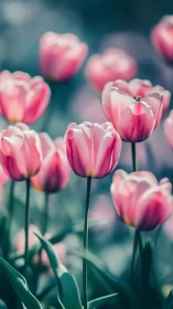 Pink tulips blooming in soft morning light and mist