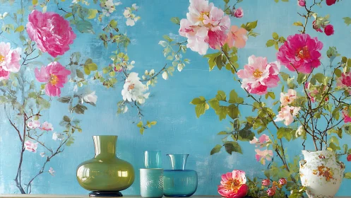 Floral Wall Mural with Botanical Arrangement and Glass Vessels.