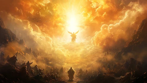 Radiant angel descends through blazing apocalyptic sky.