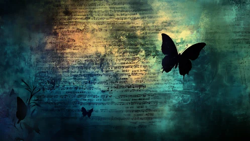 Silhouetted butterflies overlay textured sheet music background