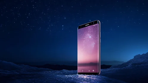 Curved display smartphone rises against deep starry night sky