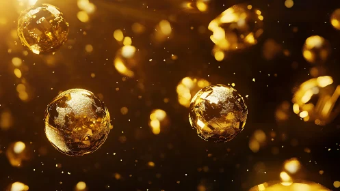 Golden crystal spheres drift in radiant abstract space