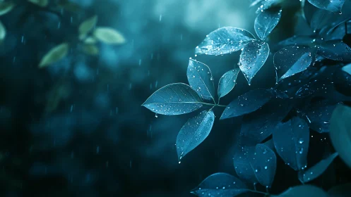 Blue-green leaves catch raindrops under soft diffuse light