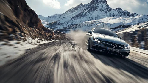 Sleek silver car racing through dramatic snowy mountains.