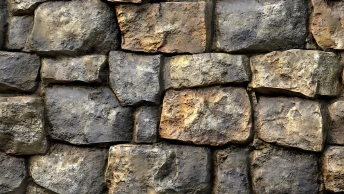 Weathered stone block wall in rough staggered pattern.