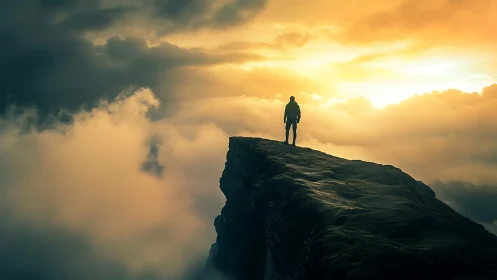 Silhouetted mountaineer on cloud-sheathed ridge at golden hour.
