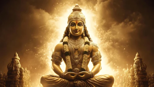 Golden meditative deity statue under radiant celestial light.