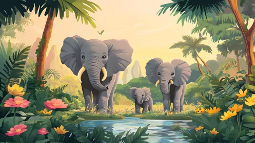 Elephant family in tropical forest by reflective stream.