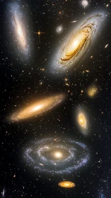 Spiral galaxies waltz across a star-salted cosmic ballroom.