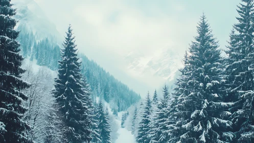 Snow-laden conifer forest corridor beneath misted alpine peaks