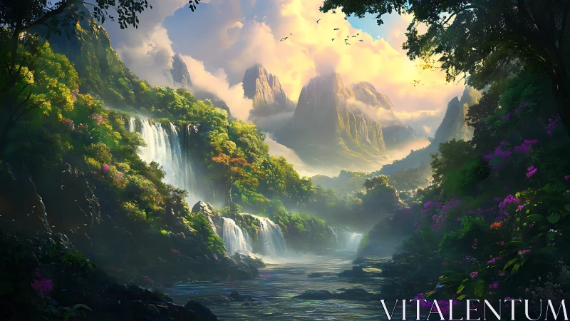 Digital landscape depicts tiered waterfalls and distant peaks