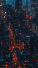 Dense high rise cityscape shows vertical grid of lit windows