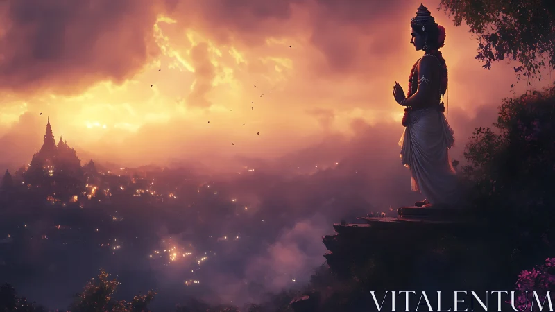 Divine statue overlooks glowing valley under stormlit sky.