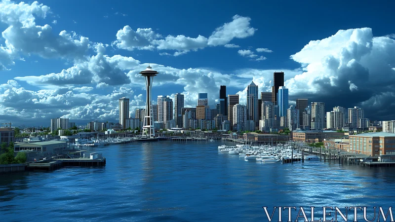Seattle waterfront skyline shimmers beneath dramatic clouds.