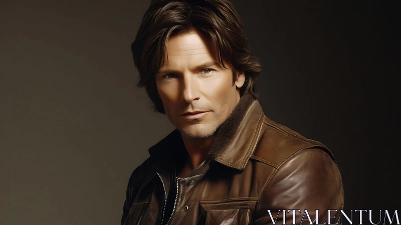 Leather jacket portrait with confident male gaze in studio.