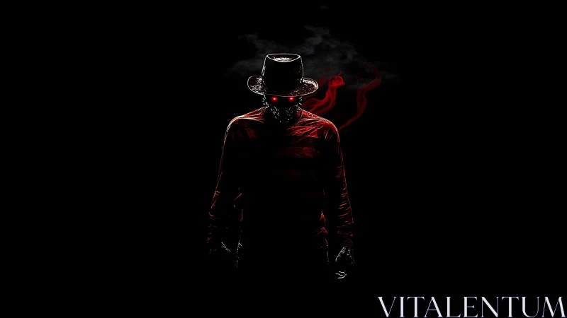 Shadowed figure with glowing eyes in crimson stripes.