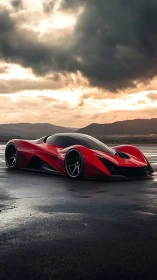 Ultra-low red hypercar prototype on wet asphalt under stormy sky