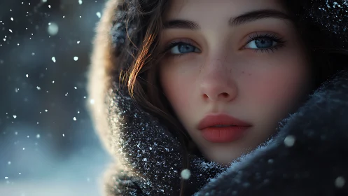 Winter-cozy portrait glows softly in a hush of falling snow