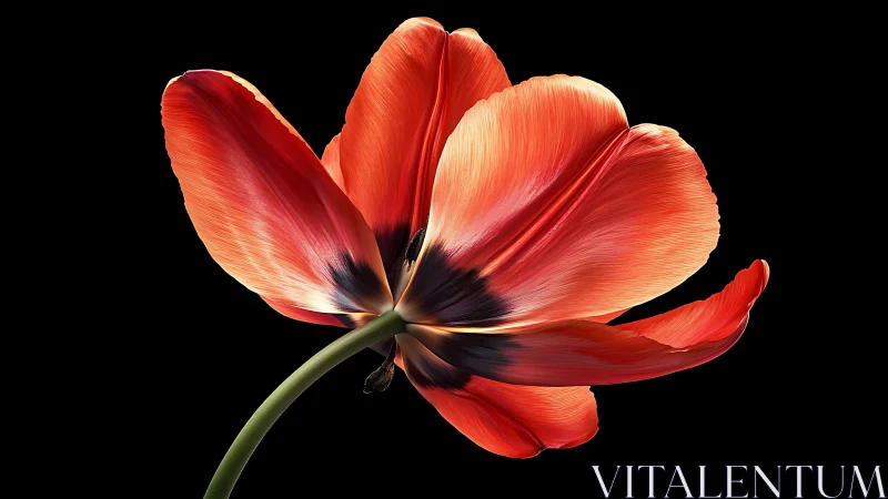 Luminous Coral Tulip Petals Against Black Background with Translucent Detail.