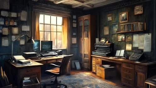 Retro hacker office merges vintage machines with warm light.