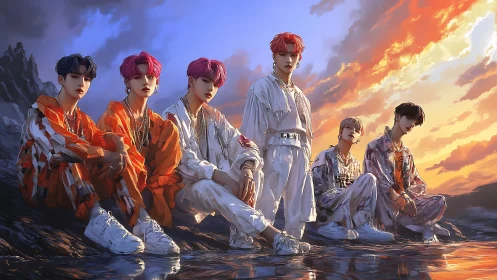 K-pop inspired boy band poses under vivid sunset sky.