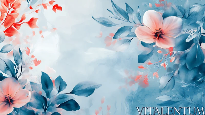 Abstract Floral Composition with Coral and Blue Watercolor Blooms