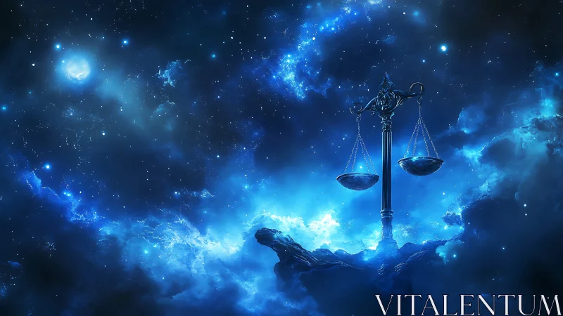 Celestial balance scales glow above luminous blue nebula
