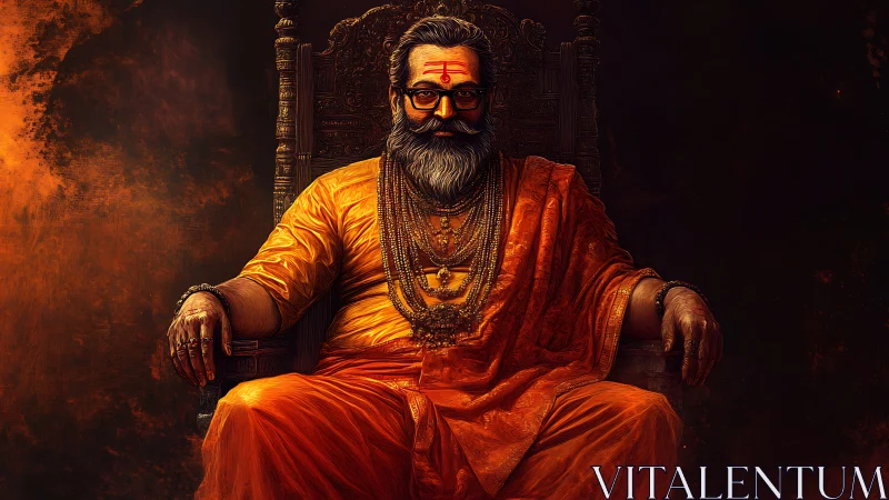 Digital portrait of seated Hindu guru in saffron robes, frontal